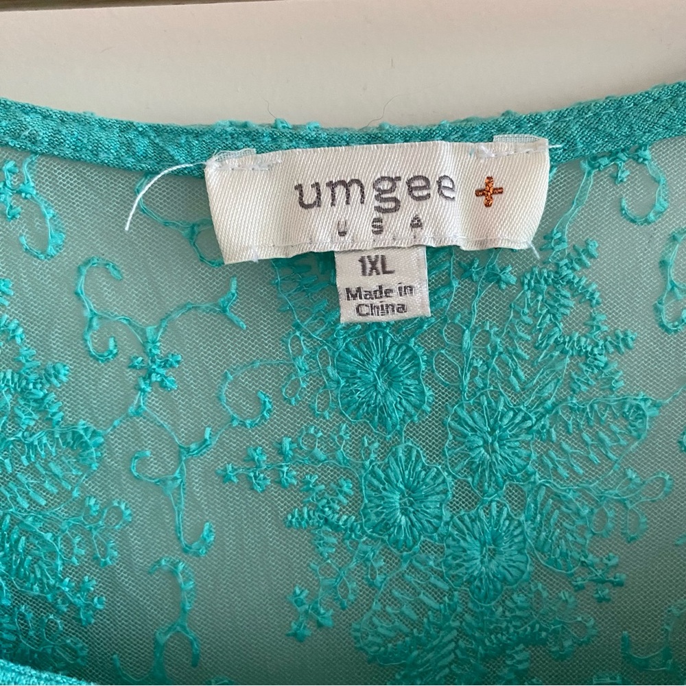 Umgee Turquoise Linen blend Dress with lace back, pockets & fringe hem. Sz 1XL. - Picture 2 of 11